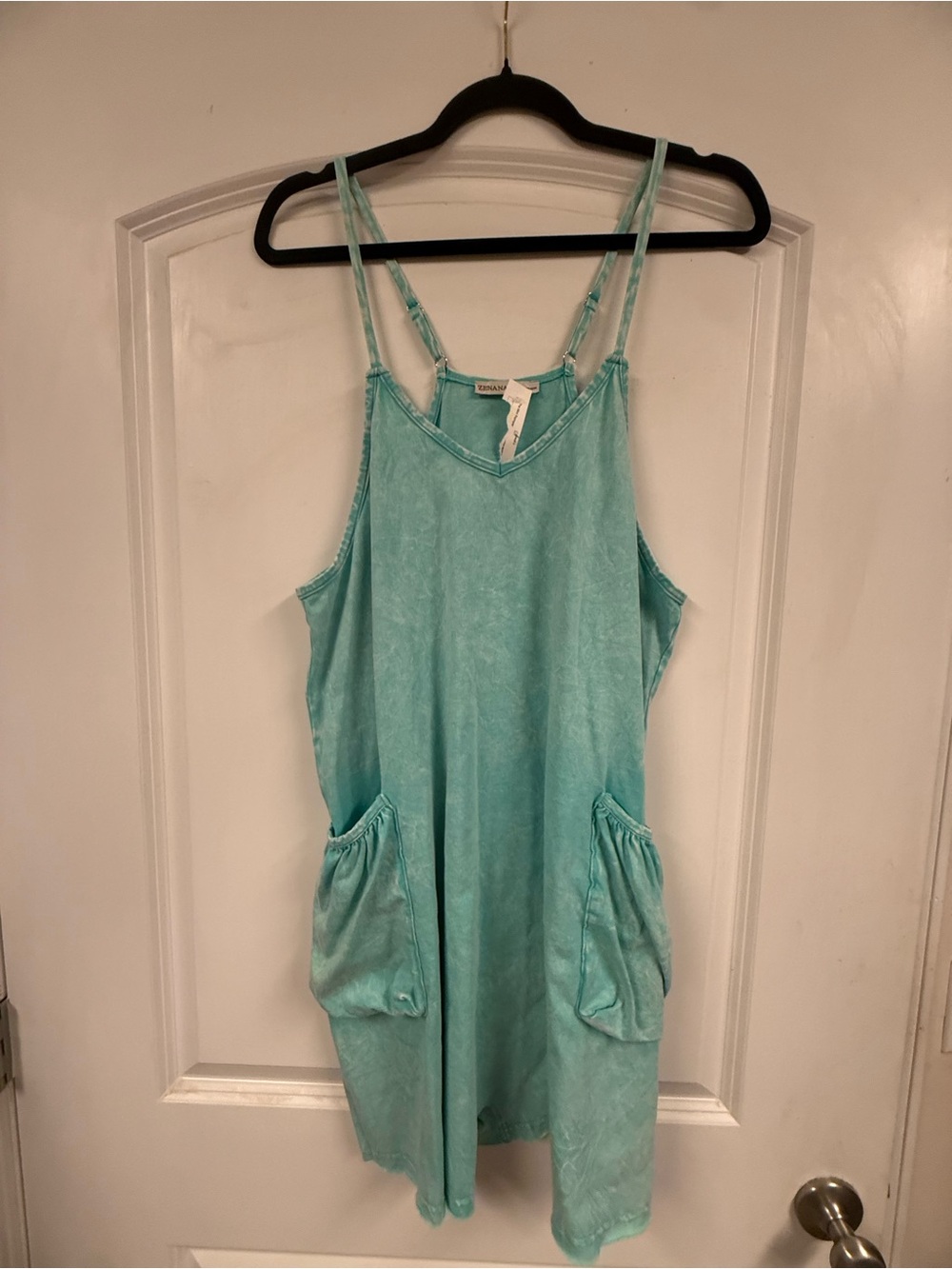 Zenana Mineral Wash Aqua Oversized Pocket Romper Jumpsuit Size L